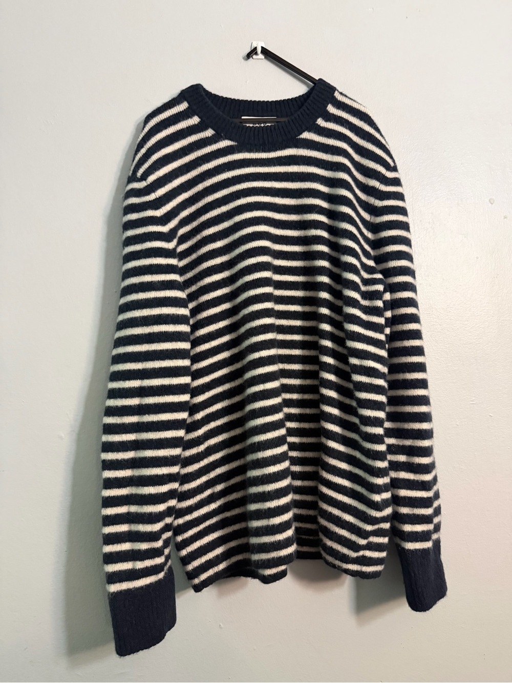 Cos Regular Fit Striped Navy Cream Alpaca Wool Blend Crewneck Jumper Sweater
